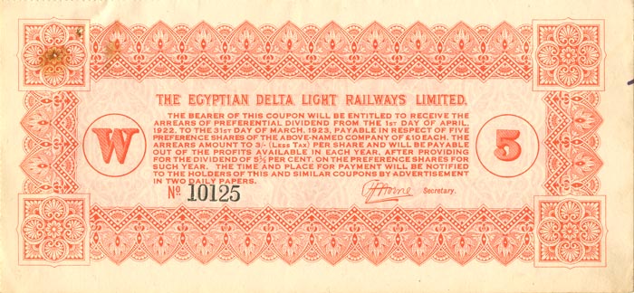 Egyptian Delta Light Railways Limited - 1922 dated Bearer Coupon
